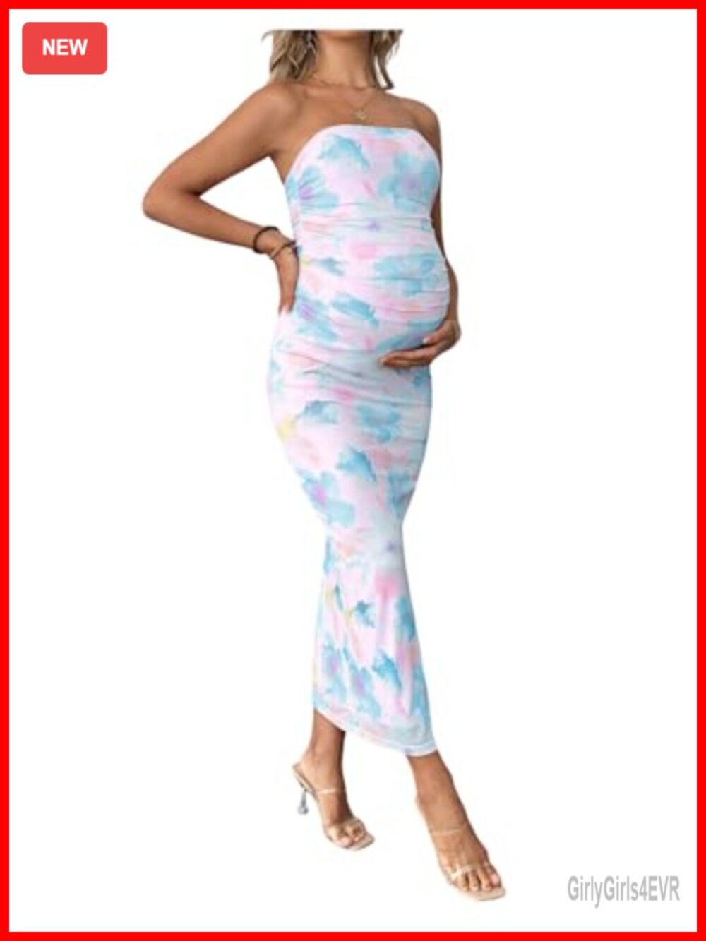 Floral Strapless Ruched Bodycon Slit Long Maternity Maxi Dress
